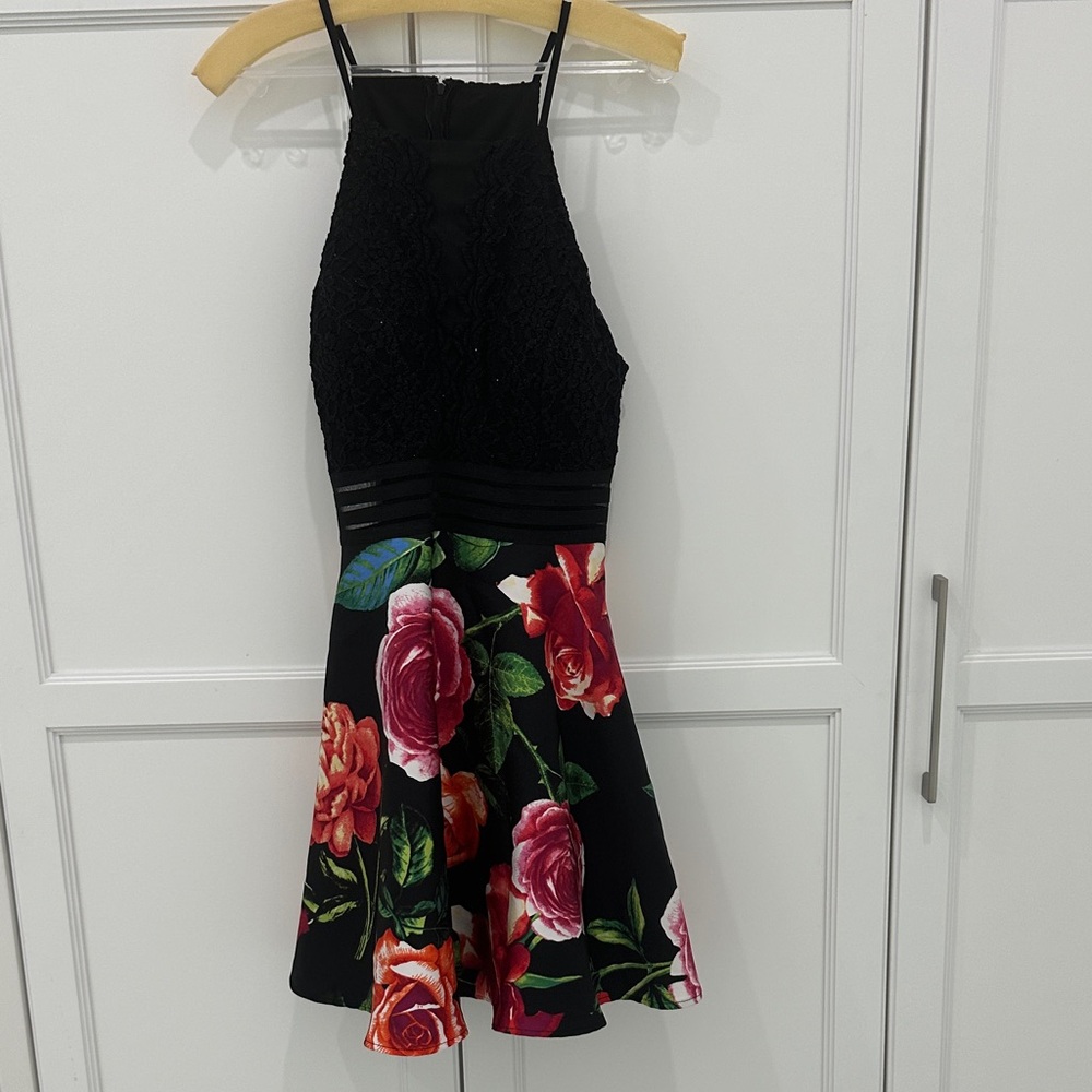 Floral Black Halter Mini Dress with Rose Print